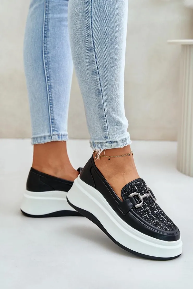 Damskie Buty damskie Vinceza Skórzane Mokasyny Damskie Na Platformie Z Ozdobą Vinceza 89105 Czarne