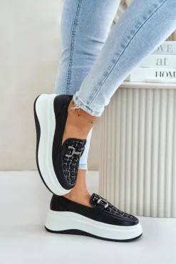 Damskie Buty damskie Vinceza Skórzane Mokasyny Damskie Na Platformie Z Ozdobą Vinceza 89105 Czarne