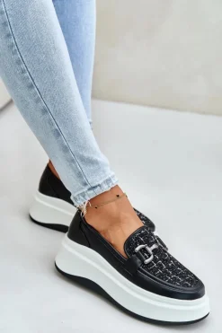 Damskie Buty damskie Vinceza Skórzane Mokasyny Damskie Na Platformie Z Ozdobą Vinceza 89105 Czarne