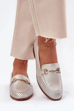 Damskie buty S.Barski Mokasyny Płaskie|Mokasyny Damskie Skórzane*Skórzane Mokasyny Damskie Z Ozdobą Na Płaskim Obcasie S.Barski LR51-594 Srebrne Srebrny