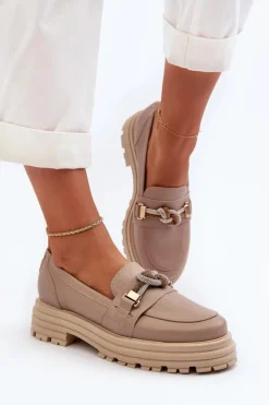 New Laura Messi Skórzane Mokasyny Damskie Z Ozdobą 2780 Ciemnobeżowe Beżowy