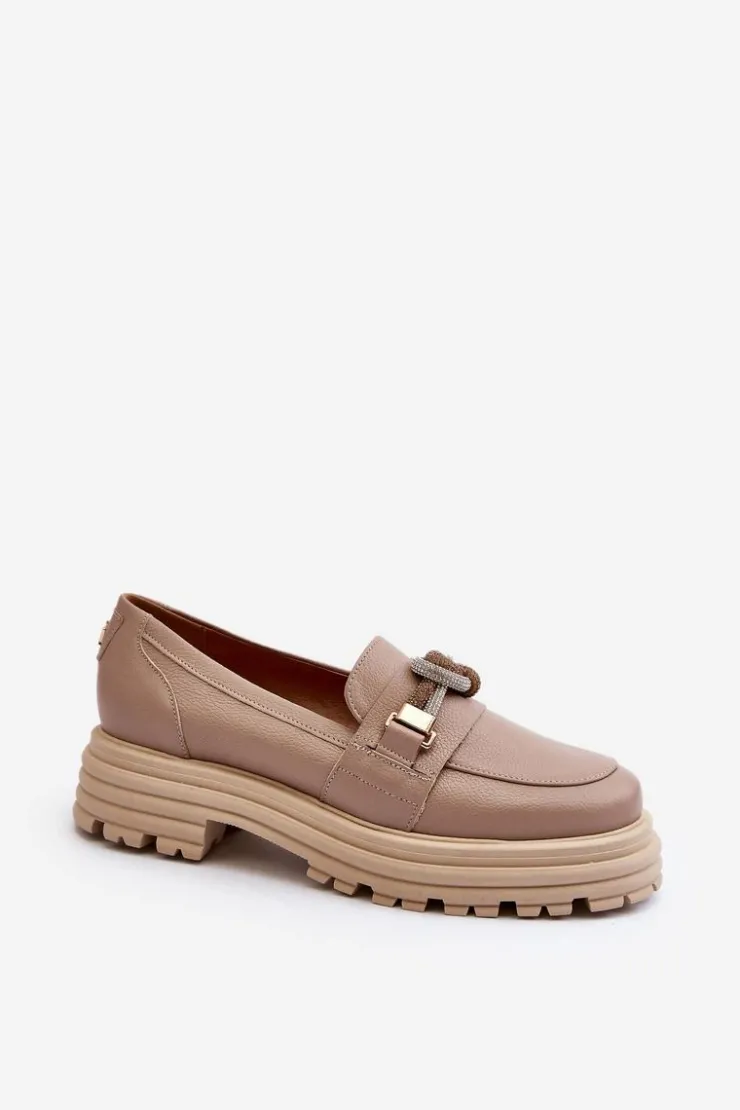 New Laura Messi Skórzane Mokasyny Damskie Z Ozdobą 2780 Ciemnobeżowe Beżowy