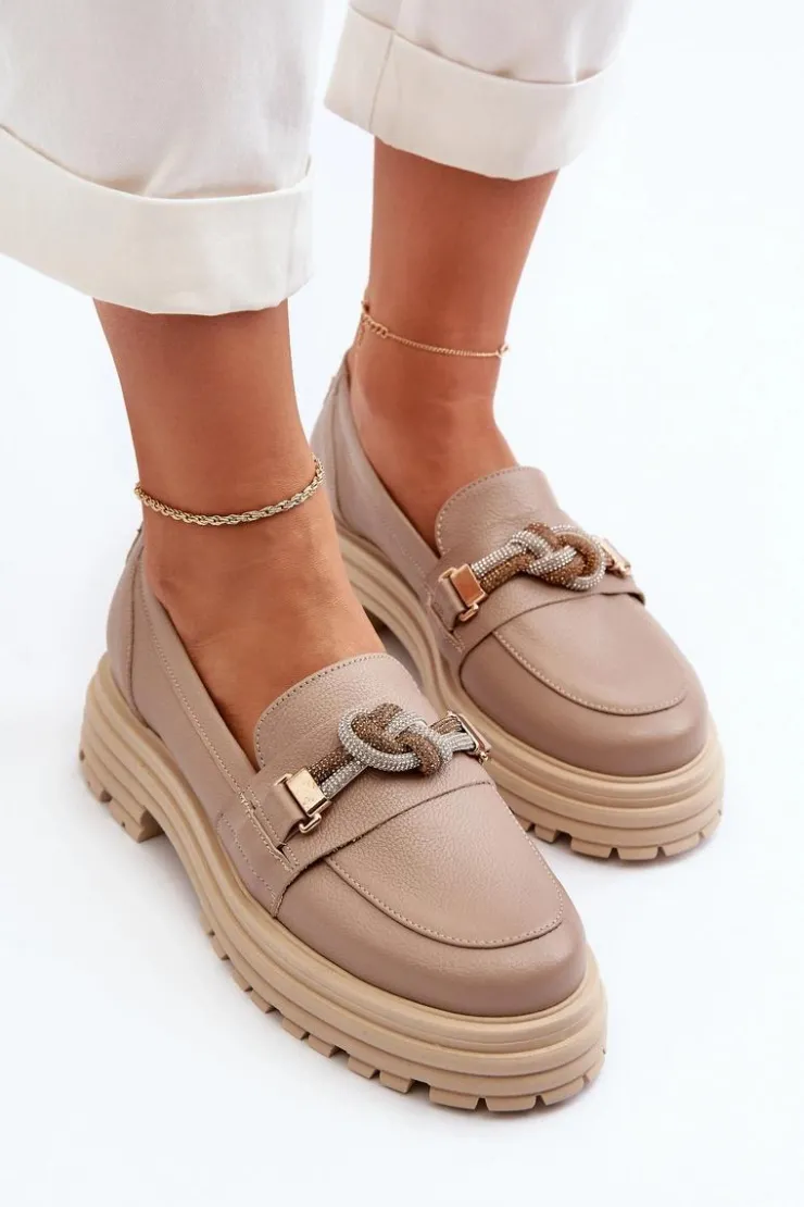 New Laura Messi Skórzane Mokasyny Damskie Z Ozdobą 2780 Ciemnobeżowe Beżowy