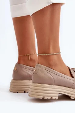 New Laura Messi Skórzane Mokasyny Damskie Z Ozdobą 2780 Ciemnobeżowe Beżowy