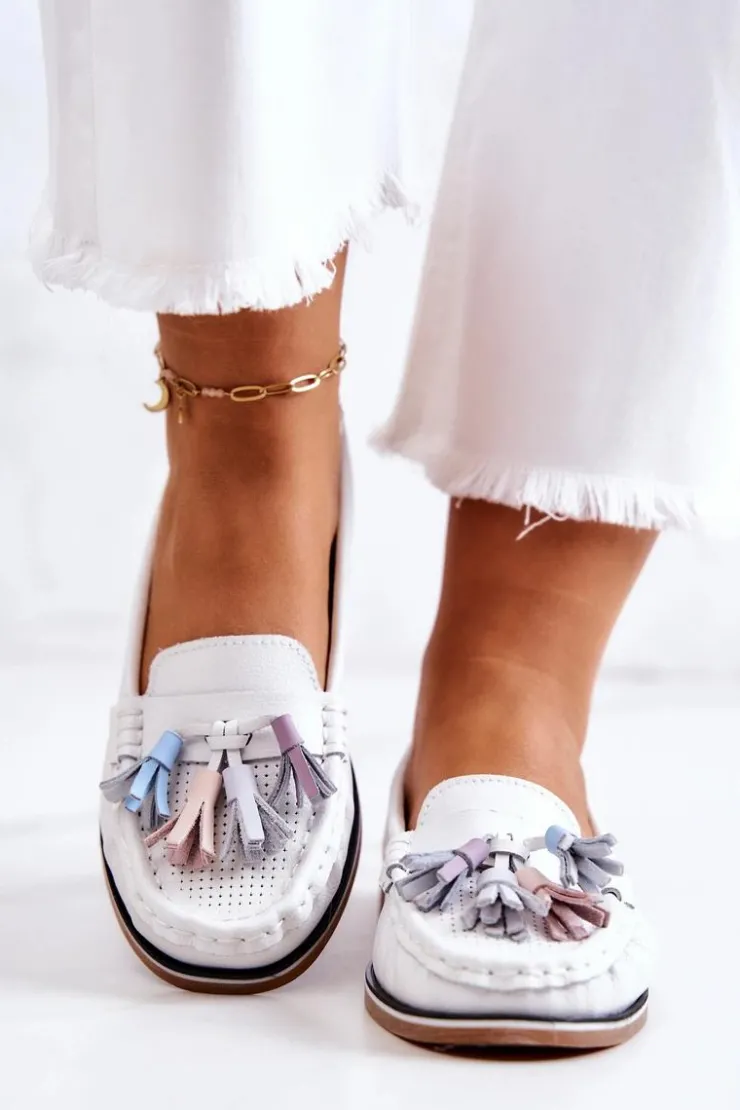 Online Evento Skórzane Mokasyny Damskie Z Frędzlami Białe Laressa