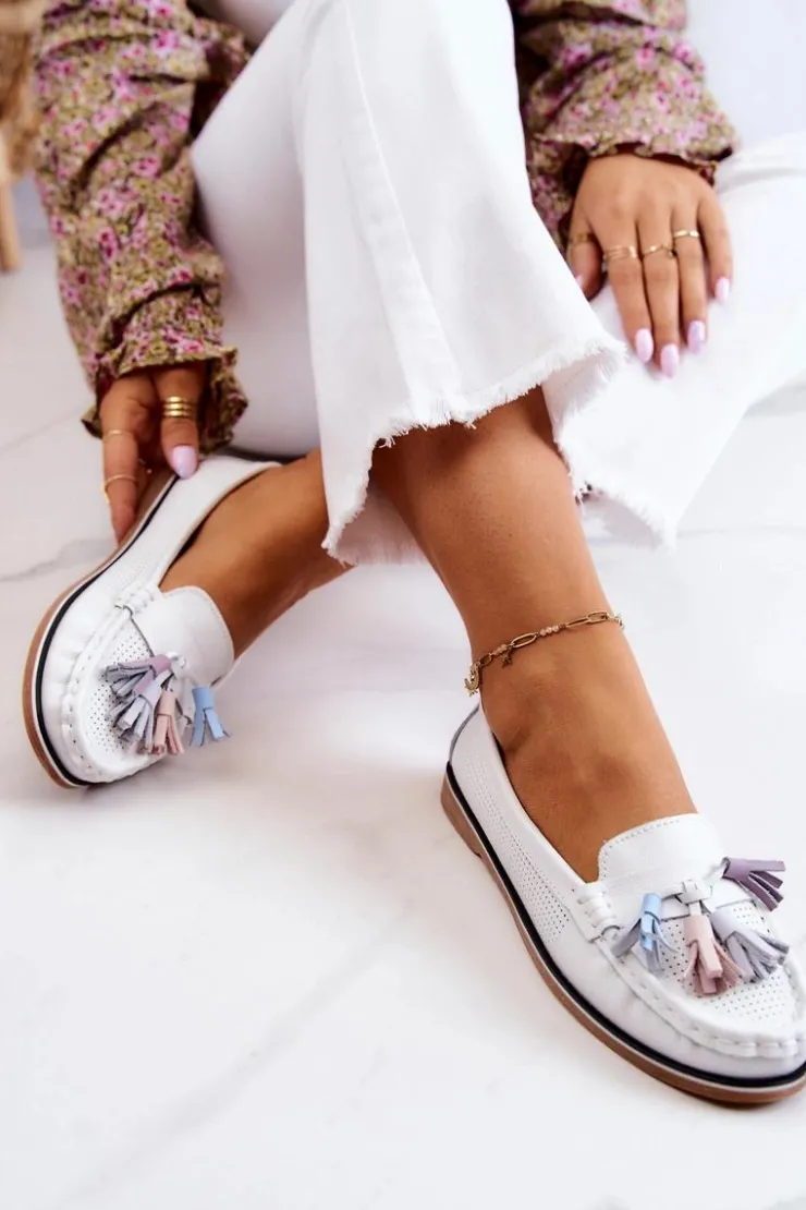 Online Evento Skórzane Mokasyny Damskie Z Frędzlami Białe Laressa