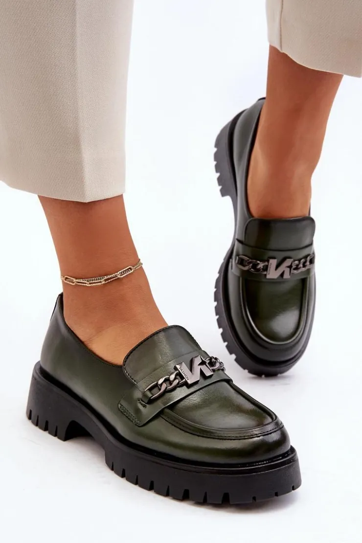 Damskie Buty damskie Vinceza Skórzane Mokasyny Damskie Z Ozdobą Ciemnozielone Loraleima