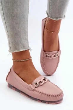 Damskie buty S.Barski Loafersy Damskie|Mokasyny Damskie Skórzane*Skórzane Mokasyny Damskie Z Ozdobą Różowe S.Barski LR339 Różowy