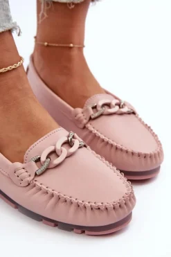 Damskie buty S.Barski Loafersy Damskie|Mokasyny Damskie Skórzane*Skórzane Mokasyny Damskie Z Ozdobą Różowe S.Barski LR339 Różowy