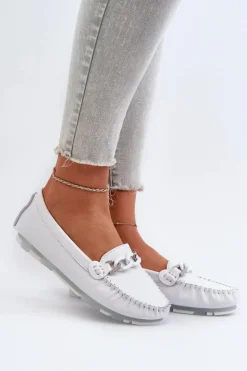 Sale Damskie buty S.Barski Skórzane Mokasyny Damskie Z Ozdobą Białe S.Barski LR339 Biały