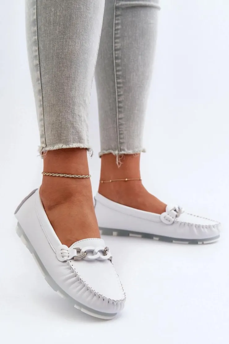 Sale Damskie buty S.Barski Skórzane Mokasyny Damskie Z Ozdobą Białe S.Barski LR339 Biały