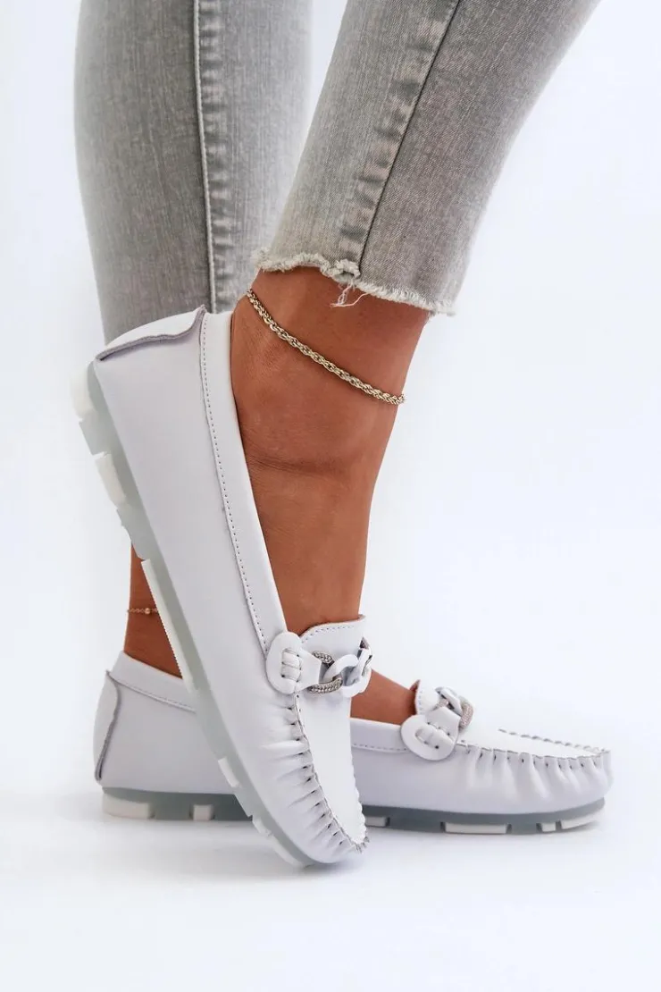 Sale Damskie buty S.Barski Skórzane Mokasyny Damskie Z Ozdobą Białe S.Barski LR339 Biały