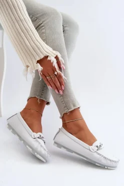 Sale Damskie buty S.Barski Skórzane Mokasyny Damskie Z Ozdobą Białe S.Barski LR339 Biały