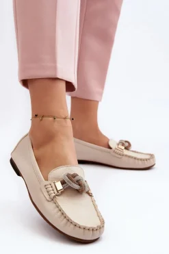 Best Laura Messi Skórzane Mokasyny Damskie Z Ozdobą 2761 Jasnobeżowe Beżowy