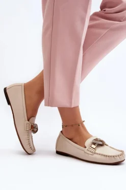 Best Laura Messi Skórzane Mokasyny Damskie Z Ozdobą 2761 Jasnobeżowe Beżowy