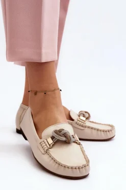 Best Laura Messi Skórzane Mokasyny Damskie Z Ozdobą 2761 Jasnobeżowe Beżowy