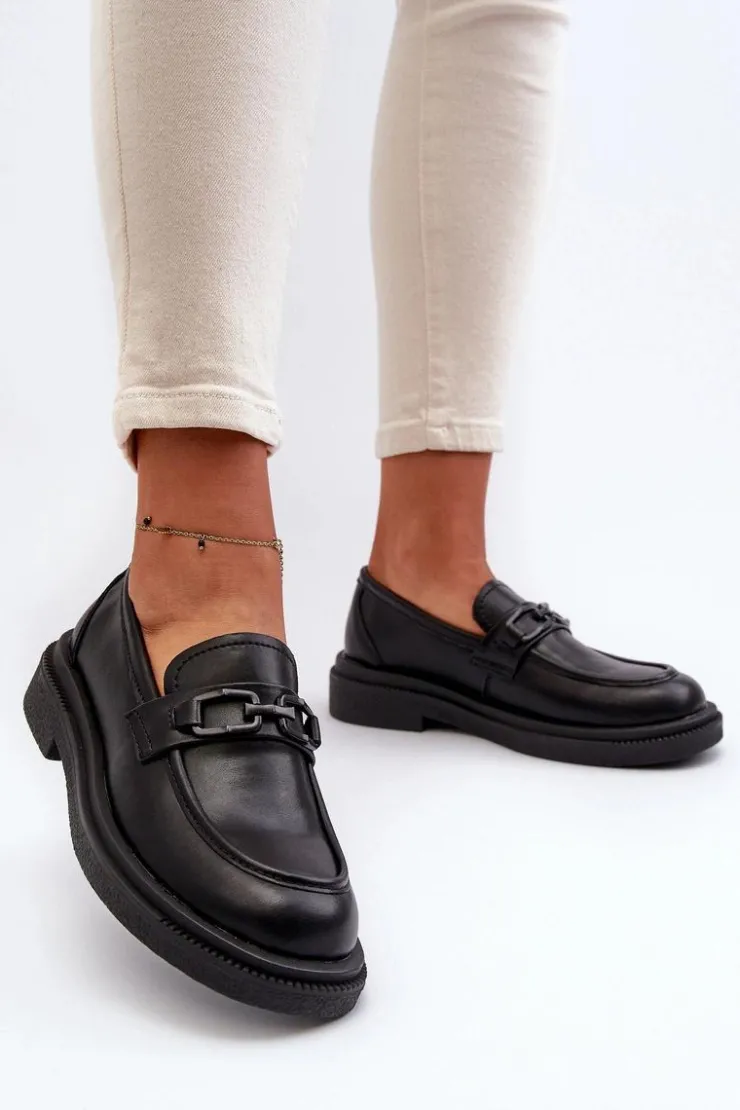 Damskie Evento Skórzane Mokasyny Damskie Czarne Keelana