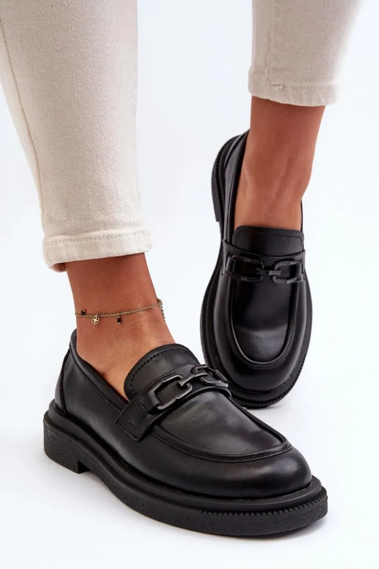 Damskie Evento Skórzane Mokasyny Damskie Czarne Keelana