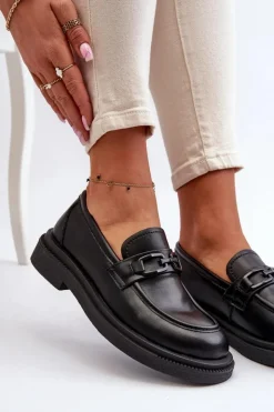 Damskie Evento Skórzane Mokasyny Damskie Czarne Keelana