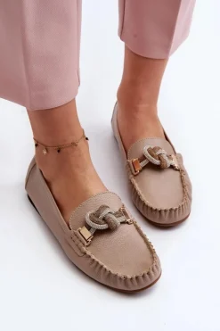 Damskie Laura Messi Skórzane Mokasyny Damskie Z Ozdobą 2761 Beżowe