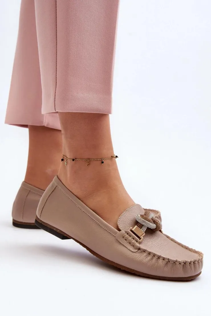 Damskie Laura Messi Skórzane Mokasyny Damskie Z Ozdobą 2761 Beżowe