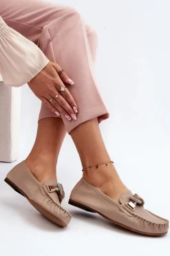 Damskie Laura Messi Skórzane Mokasyny Damskie Z Ozdobą 2761 Beżowe