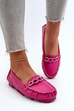 Online Damskie buty S.Barski Skórzane Mokasyny Damskie Z Ozdobą Fuksja S.Barski LR339 Różowy