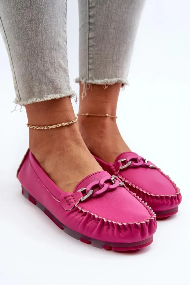 Online Damskie buty S.Barski Skórzane Mokasyny Damskie Z Ozdobą Fuksja S.Barski LR339 Różowy
