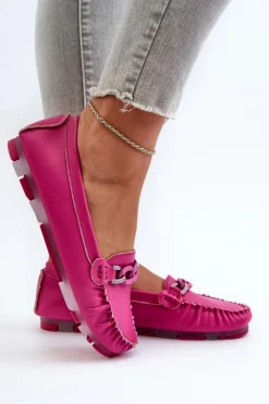 Online Damskie buty S.Barski Skórzane Mokasyny Damskie Z Ozdobą Fuksja S.Barski LR339 Różowy