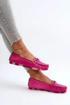 Online Damskie buty S.Barski Skórzane Mokasyny Damskie Z Ozdobą Fuksja S.Barski LR339 Różowy