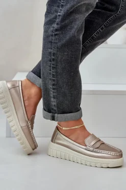 Damskie Evento Skórzane Mokasyny Damskie Na Platformie I Koturnie Różowe Złoto Elanindel