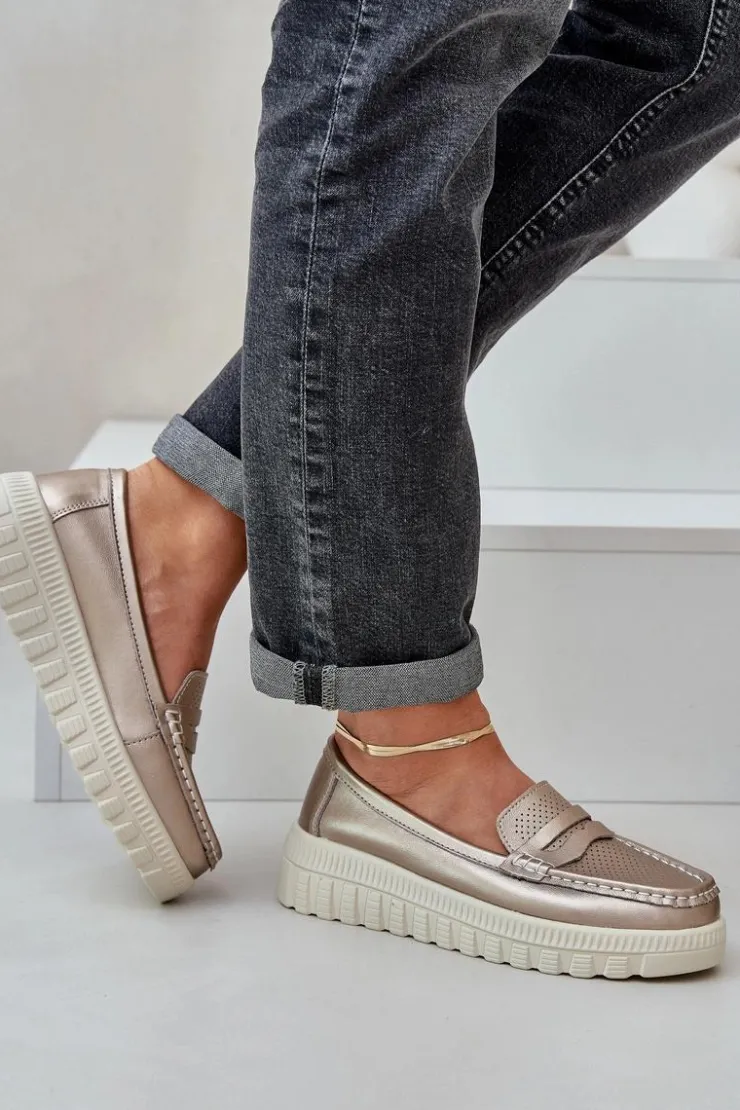 Damskie Evento Skórzane Mokasyny Damskie Na Platformie I Koturnie Różowe Złoto Elanindel