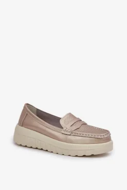 Damskie Evento Skórzane Mokasyny Damskie Na Platformie I Koturnie Różowe Złoto Elanindel