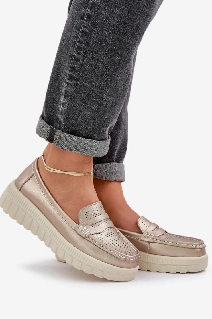 Damskie Evento Skórzane Mokasyny Damskie Na Platformie I Koturnie Różowe Złoto Elanindel