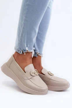 Damskie Damskie buty S.Barski Skórzane Mokasyny Damskie Na Platformie Beżowe S.Barski LR490