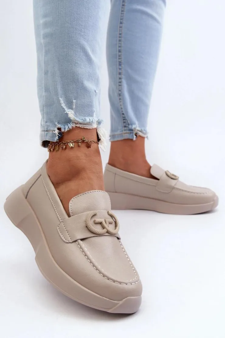 Damskie Damskie buty S.Barski Skórzane Mokasyny Damskie Na Platformie Beżowe S.Barski LR490