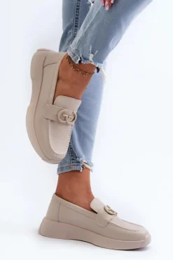 Damskie Damskie buty S.Barski Skórzane Mokasyny Damskie Na Platformie Beżowe S.Barski LR490