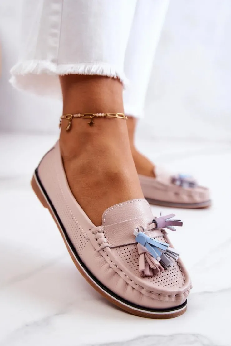 Damskie Evento Skórzane Mokasyny Damskie Z Frędzlami Różowe Laressa