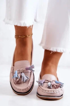 Damskie Evento Skórzane Mokasyny Damskie Z Frędzlami Różowe Laressa