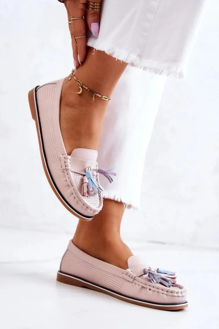 Damskie Evento Skórzane Mokasyny Damskie Z Frędzlami Różowe Laressa