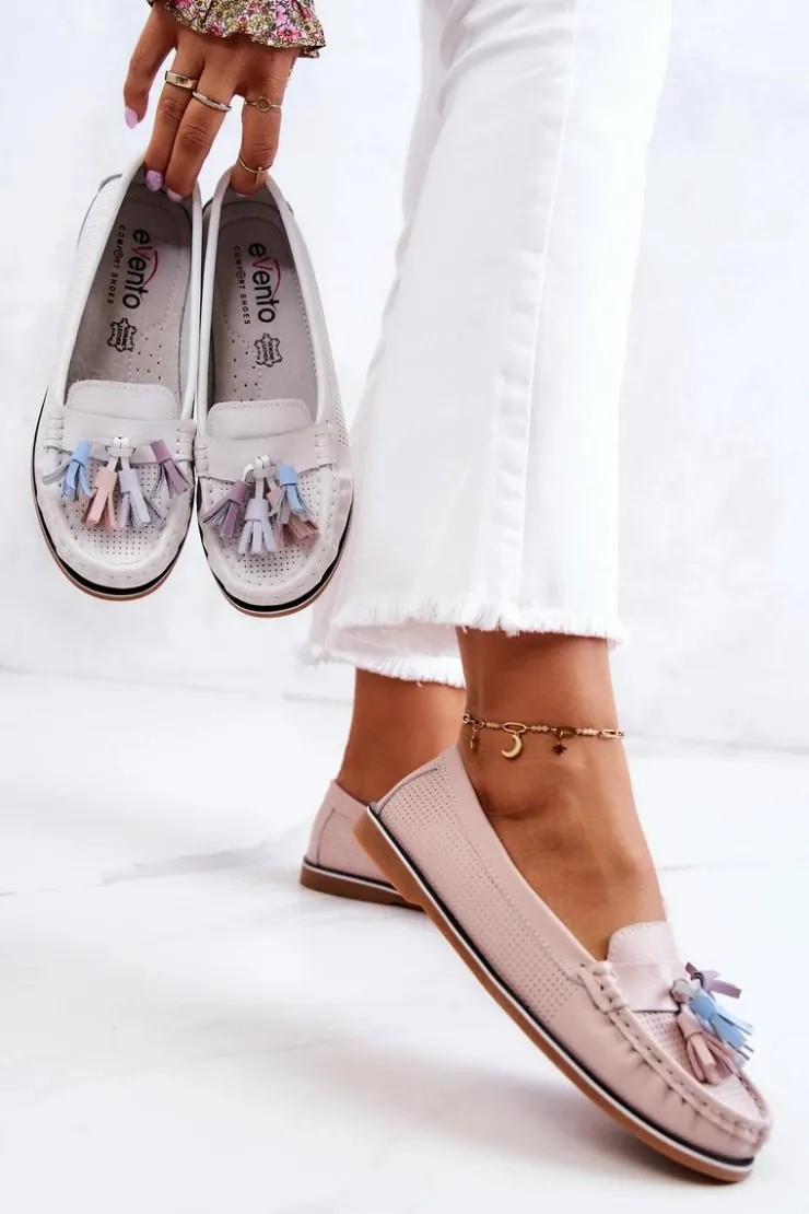 Damskie Evento Skórzane Mokasyny Damskie Z Frędzlami Różowe Laressa