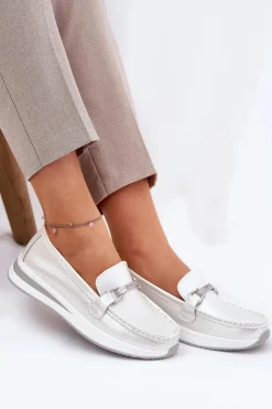 Discount Damskie buty S.Barski Skórzane Mokasyny Damskie S.Barski GR51-598 Perłowe Srebrny