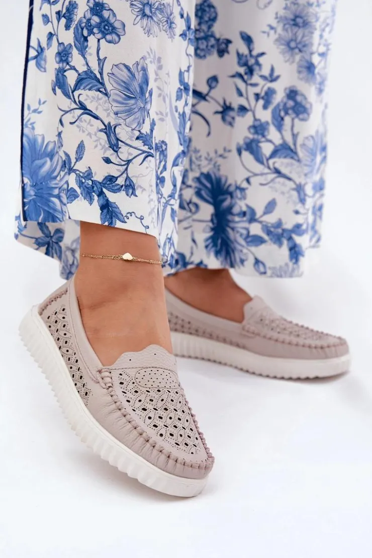 Damskie Buty damskie Vinceza Skórzane Mokasyny Damskie Z Ażurowym Wzorem Vinceza 88028 Beżowe