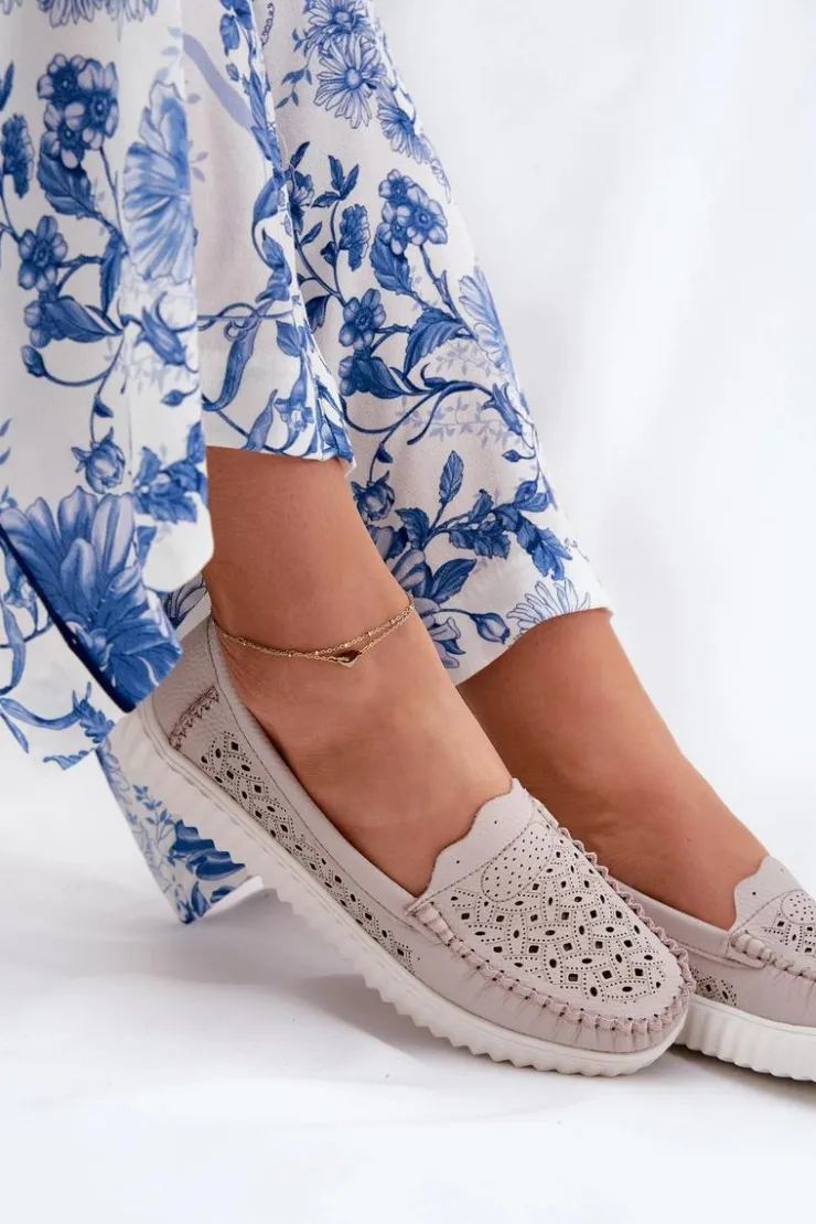 Damskie Buty damskie Vinceza Skórzane Mokasyny Damskie Z Ażurowym Wzorem Vinceza 88028 Beżowe