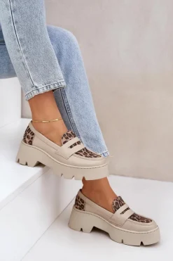 Clearance Zazoo Skórzane Mokasyny Damskie Na Platformie I Płaskim Obcasie Panterka 20191 Jasnobeżowe Beżowy