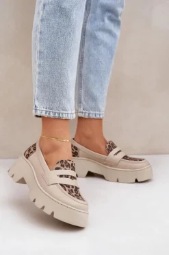 Clearance Zazoo Skórzane Mokasyny Damskie Na Platformie I Płaskim Obcasie Panterka 20191 Jasnobeżowe Beżowy