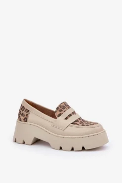 Clearance Zazoo Skórzane Mokasyny Damskie Na Platformie I Płaskim Obcasie Panterka 20191 Jasnobeżowe Beżowy