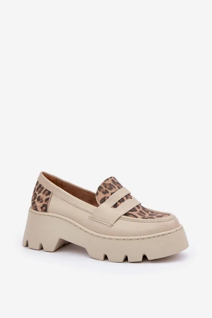 Clearance Zazoo Skórzane Mokasyny Damskie Na Platformie I Płaskim Obcasie Panterka 20191 Jasnobeżowe Beżowy