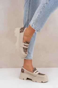 Clearance Zazoo Skórzane Mokasyny Damskie Na Platformie I Płaskim Obcasie Panterka 20191 Jasnobeżowe Beżowy