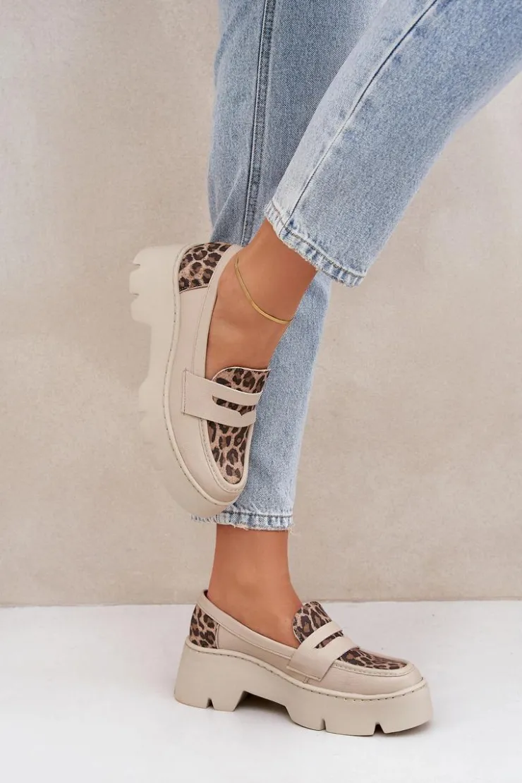Clearance Zazoo Skórzane Mokasyny Damskie Na Platformie I Płaskim Obcasie Panterka 20191 Jasnobeżowe Beżowy